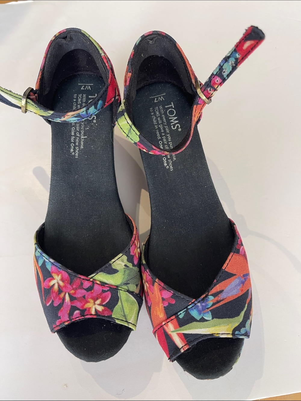 TOMS Black Floral Ankle-Strap Platform Wedges